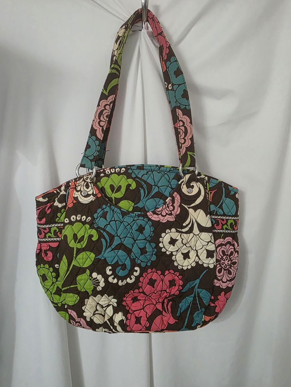 Quilted Floral Tote Bag in Brown with Multicolor Flowers